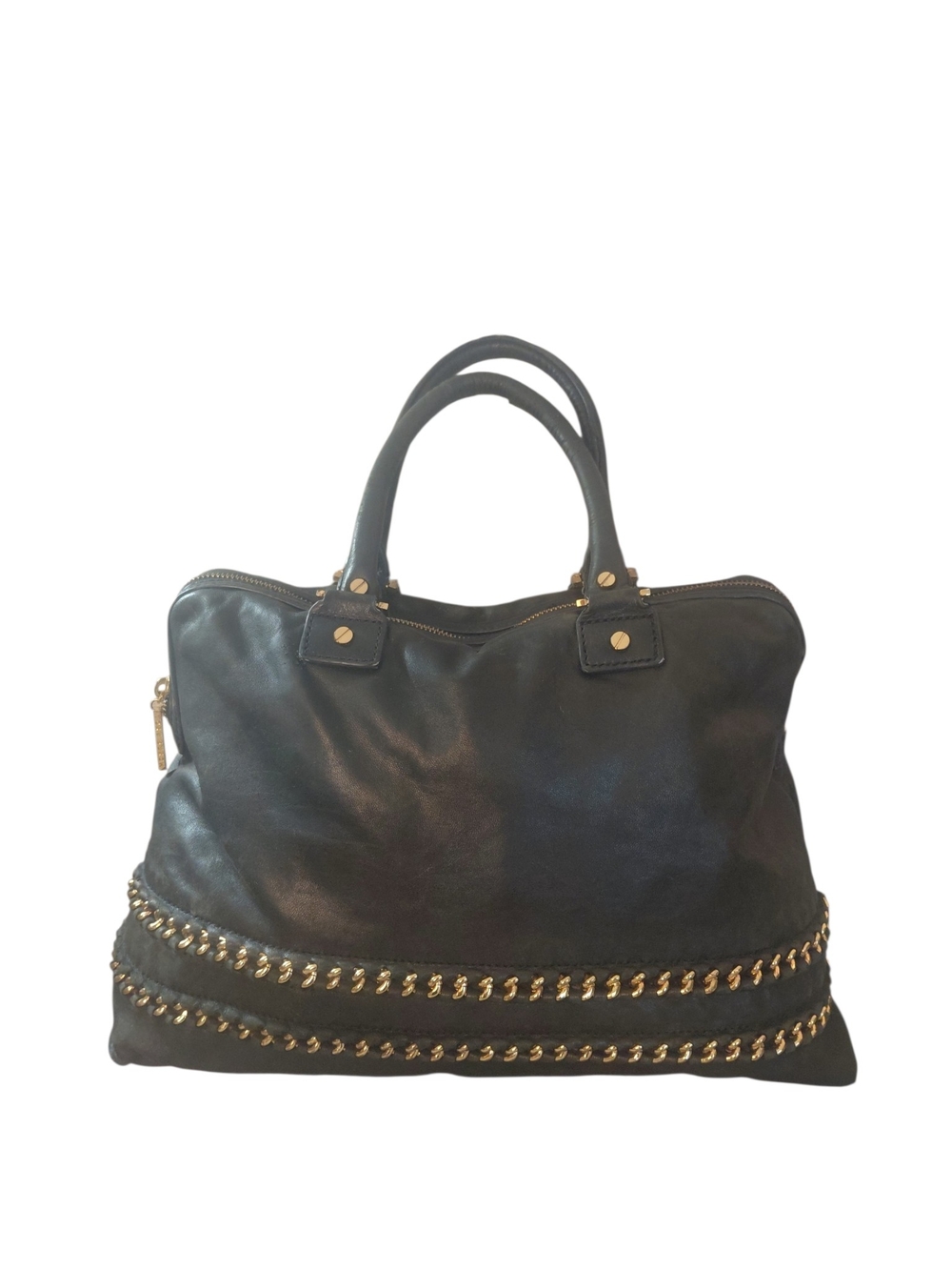 Tory Burch Black Leather Tote Shoulder Bag with Gold Chain Detail